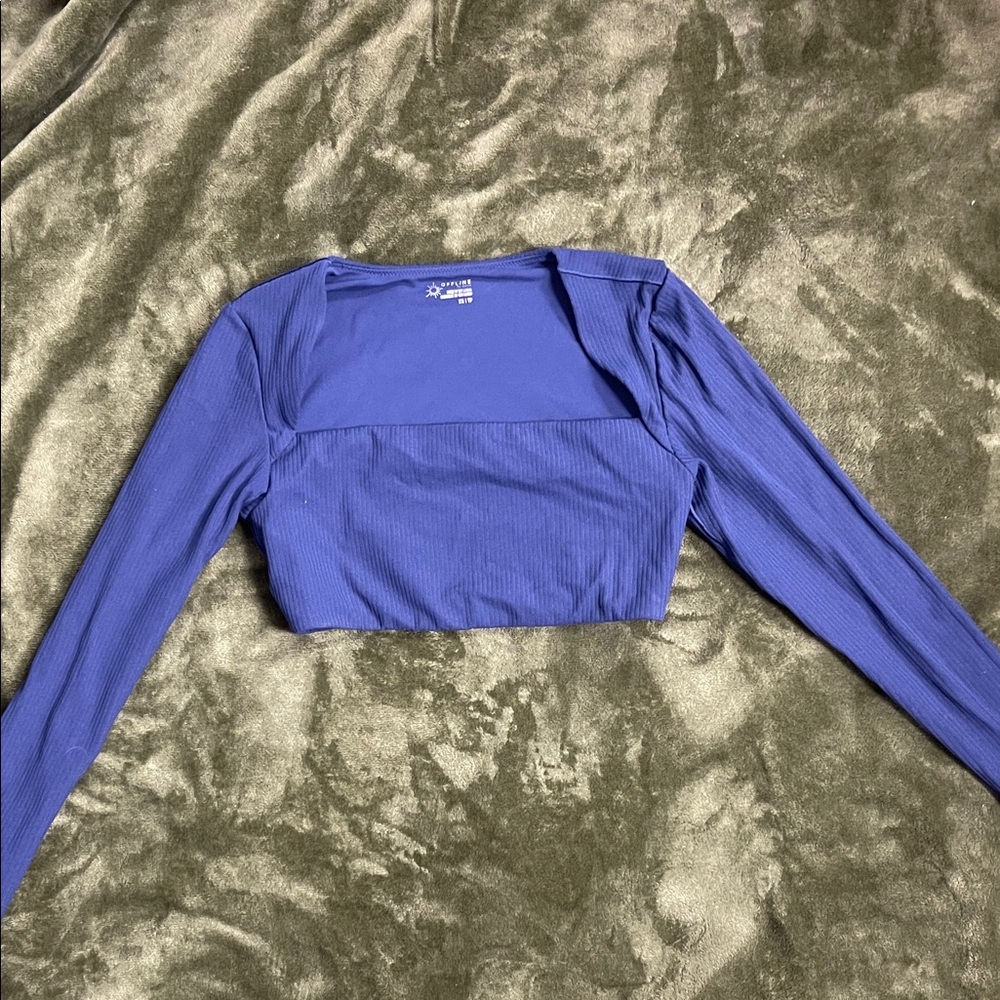 Stylish Blue Ribbed Long Sleeve Crop Top